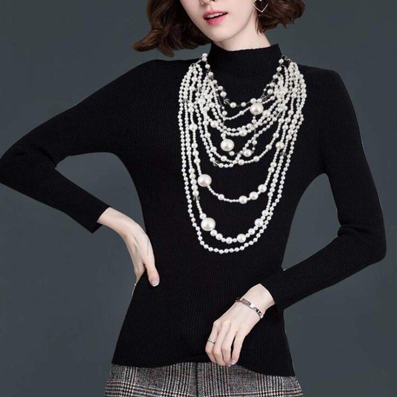 GRACE JUN Multilayer Strand Chain Faux Pearls Flapper Beads Cluster Long Choker Necklace (Silver White Necklace+Pierced Earrings) - Image 3